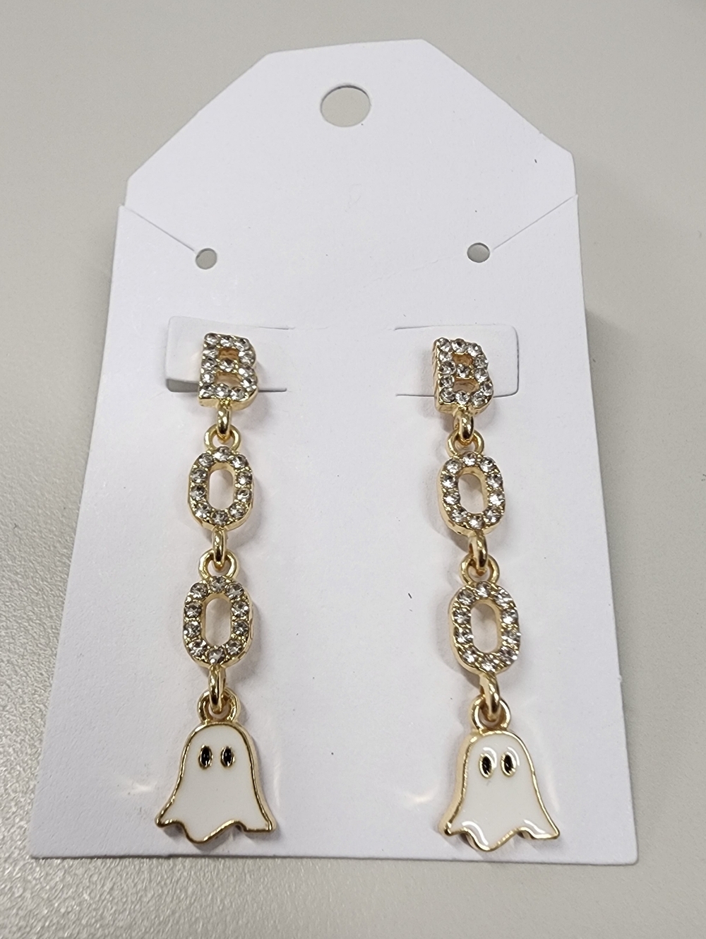 Gold "BOO" Rhinestone Drop Earrings Ghost Sparkly Halloween Dangle Whimsygoth